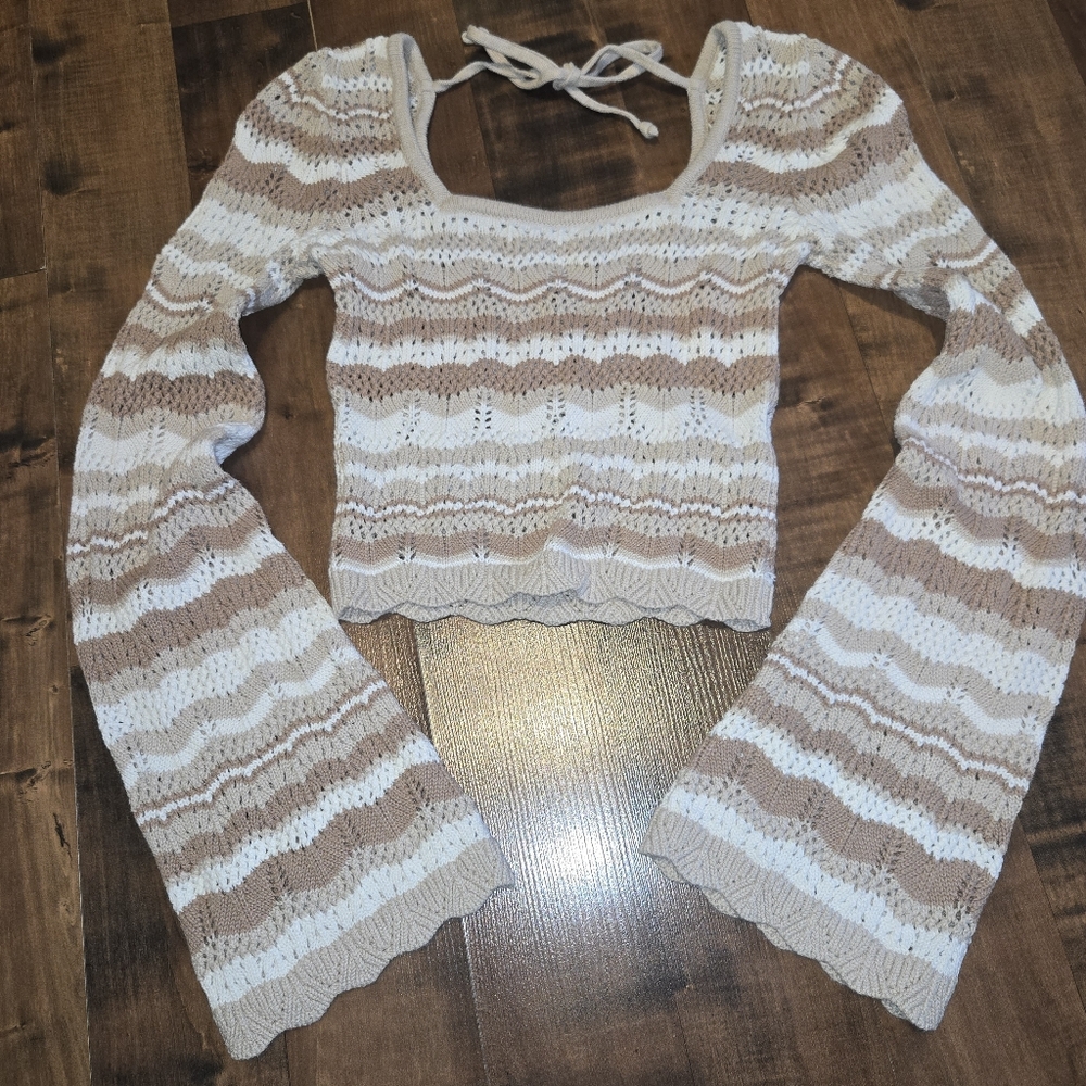 Bell Sleeve Crochet Crop Top [Tan White Cream Stripe] Boho Festival Wanderlust